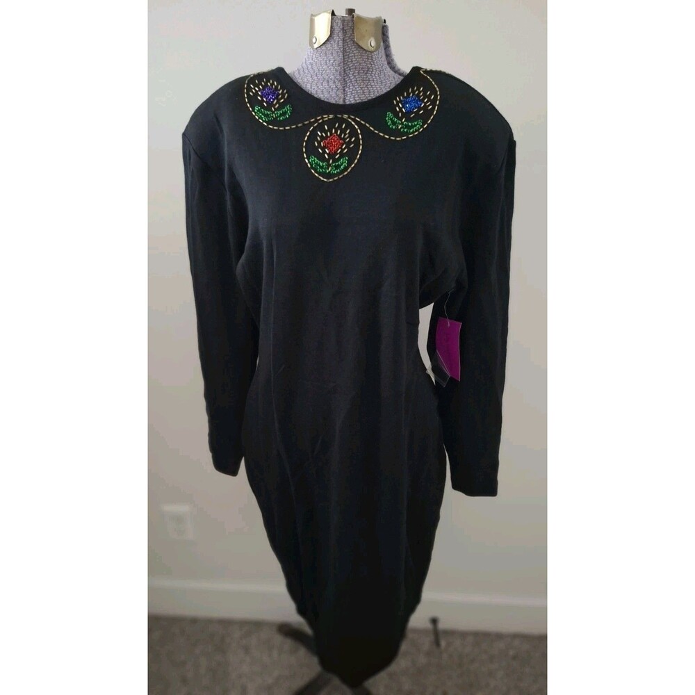 Women's Vtg 80s Liz Claiborne Beaded Sequin Sweater Dress Black Sz 14 Low Back